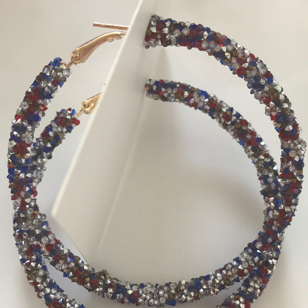 Red Silver & Blue Glitter Hoop Earrings - Picture 2 of 5